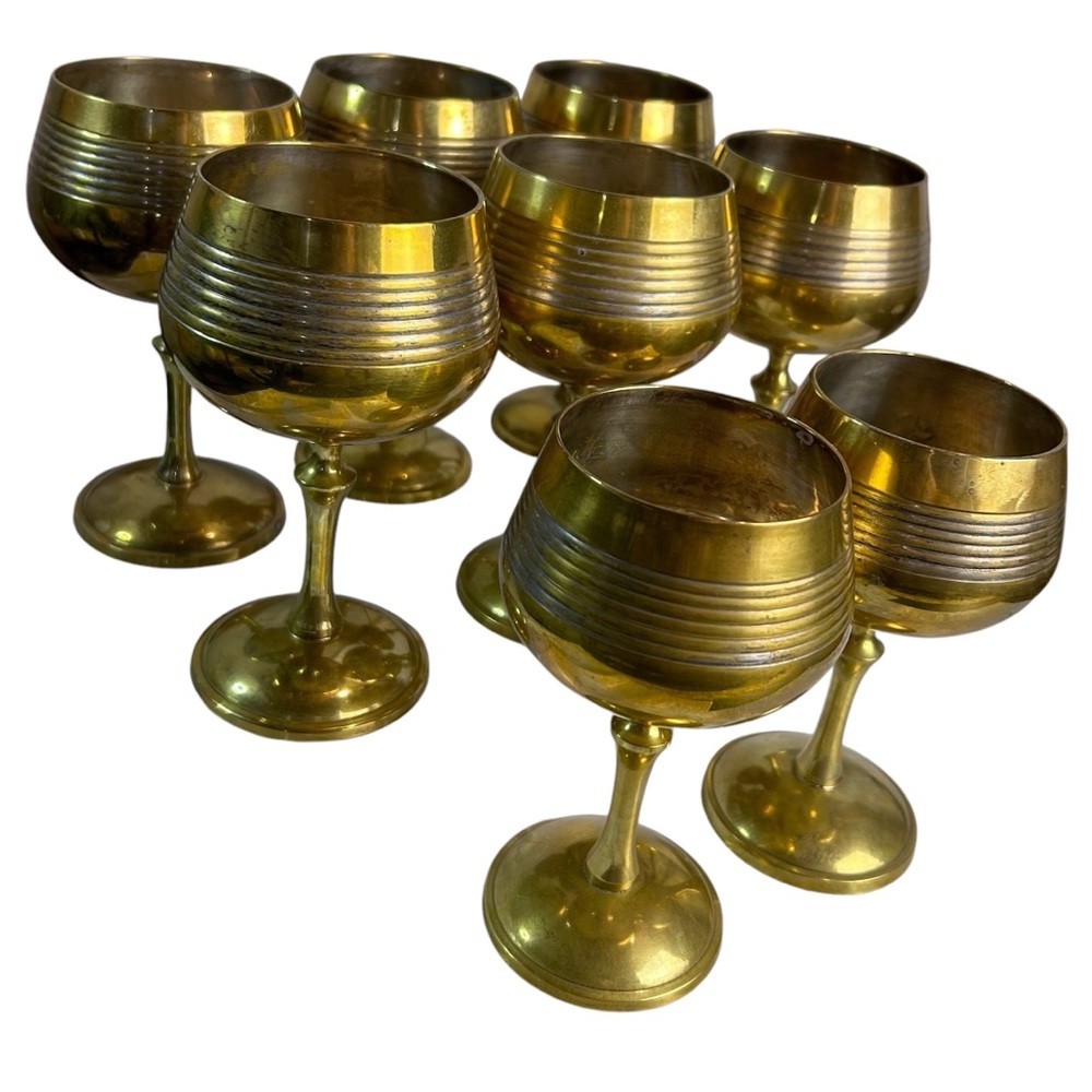 Set of 2 solid brass goblets etched‎ embossed made in India Vintage READ